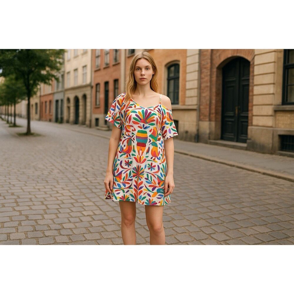 Judith March Colorful Bird Print Dress Tropical Mini Open Shoulder Lined Size S
